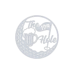 Circular aluminum wall sign with 'The 19th Hole' text, featuring a beer mug with foam and a golf flag. The border has a pattern resembling golf ball dimples, adding a sporty touch. The metallic finish complements recreational spaces.